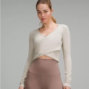 NWT Lululemon Wrap Front Ribbed Long Sleeve Top Tee Mojave Tan MOVT Crop Beige 4